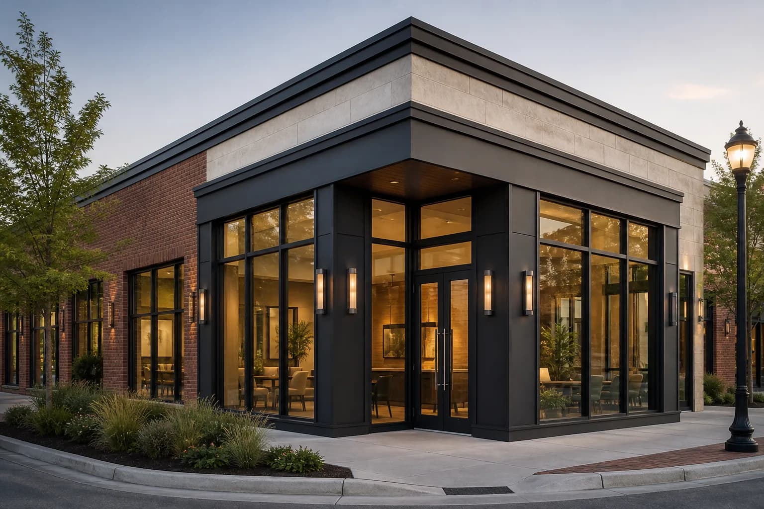 Modern commercial building with dark aluminum windows and storefront glazing