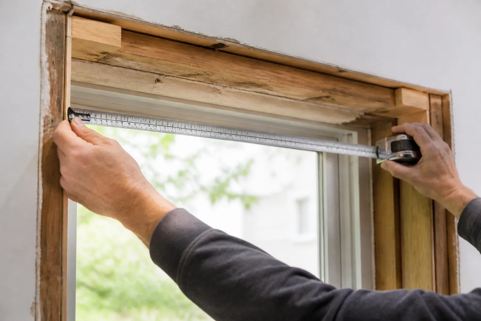 Professional measuring an opening for a custom replacement window